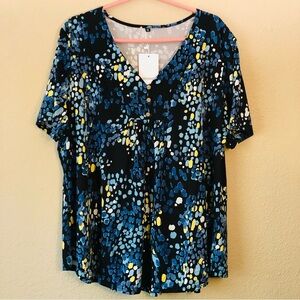 Othyroce Women's Plus Size 3X Tops Short Sleeve Blue Abstract Print Front Button